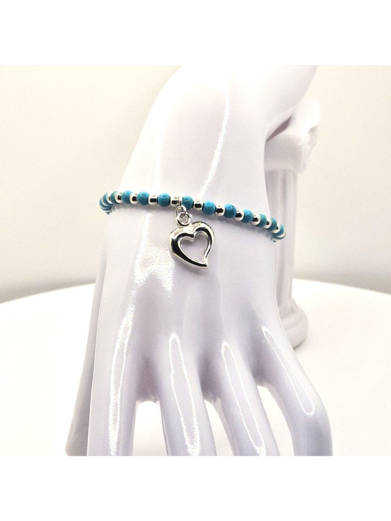 Turquoise And Silver Tone Beaded Bracelet With Heart Charm